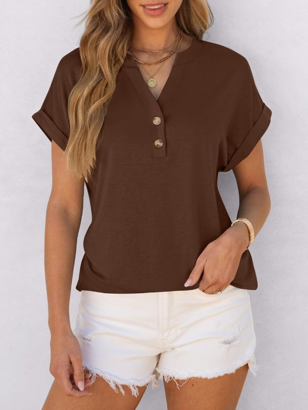 Women's Coffee Summer Short Sleeves Henley V Neck Comfortable Trendy Tee Shirts - Picture 3 of 6